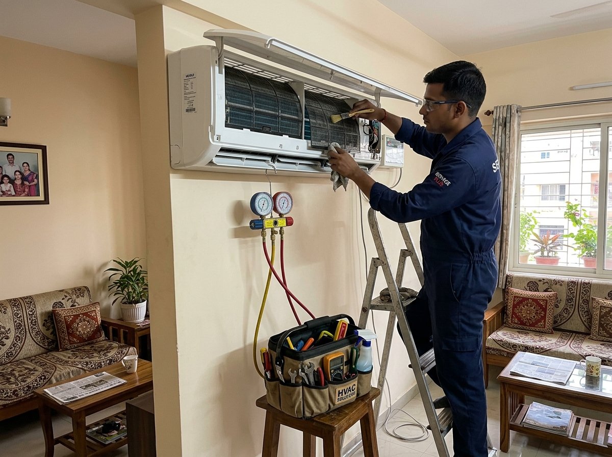 Split air conditioner indoor unit undergoing filter cleaning and refrigerant pressure inspection