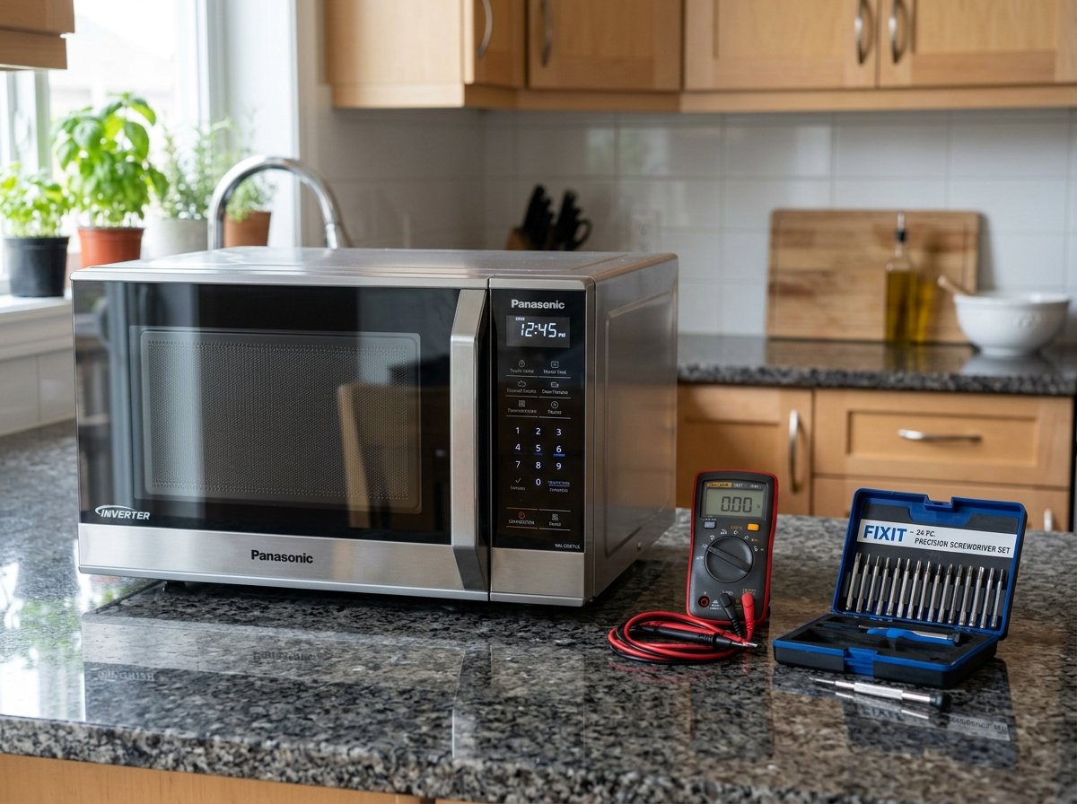 Countertop convection microwave oven beside multimeter testing gear on a kitchen platform