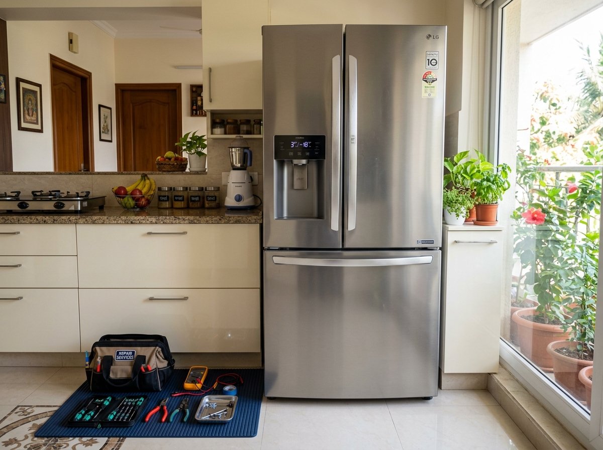 Double-door frost-free refrigerator in a clean kitchen with technician diagnostic tools