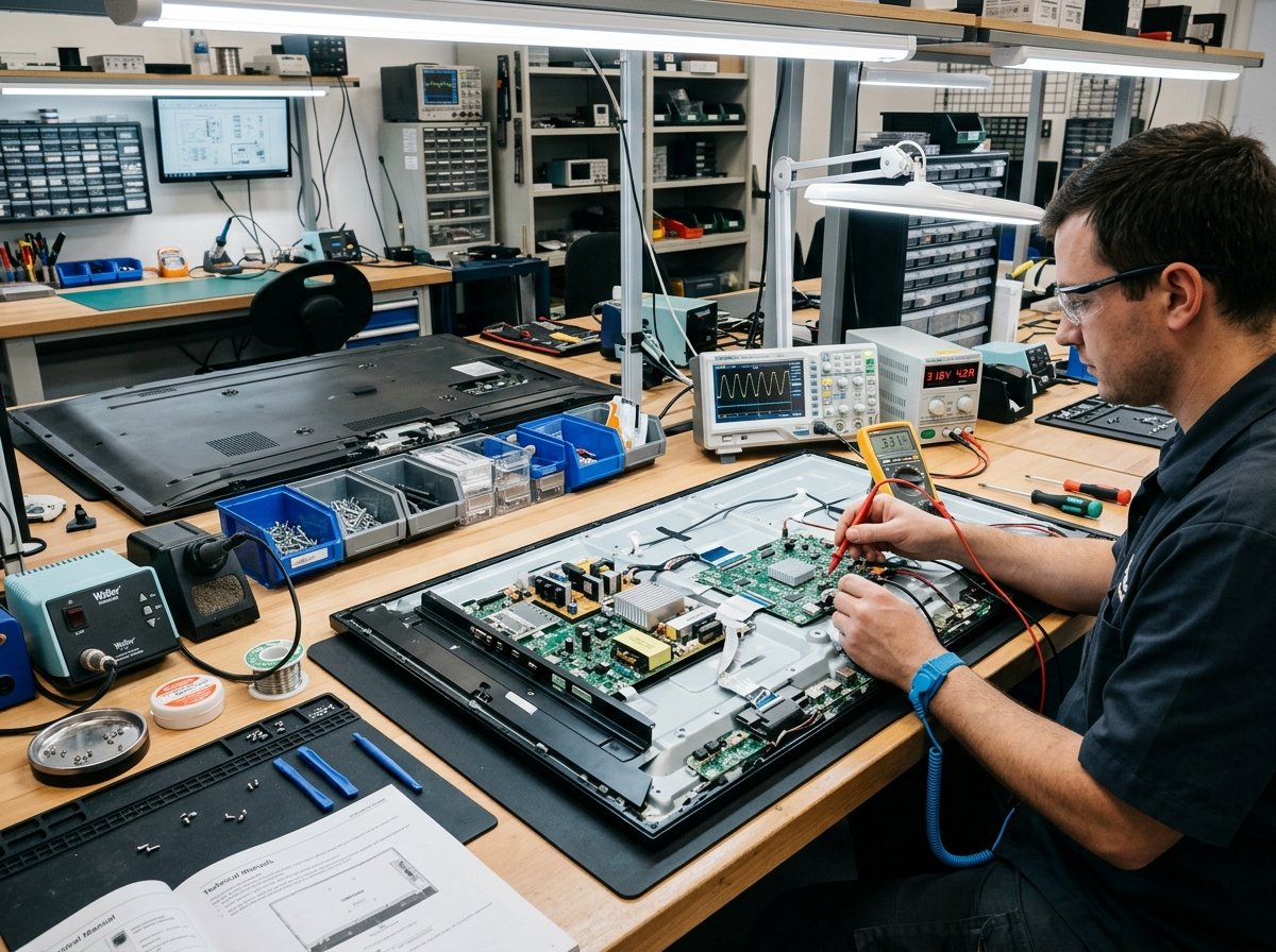 LED television display panel and circuit board testing on an electronics workbench