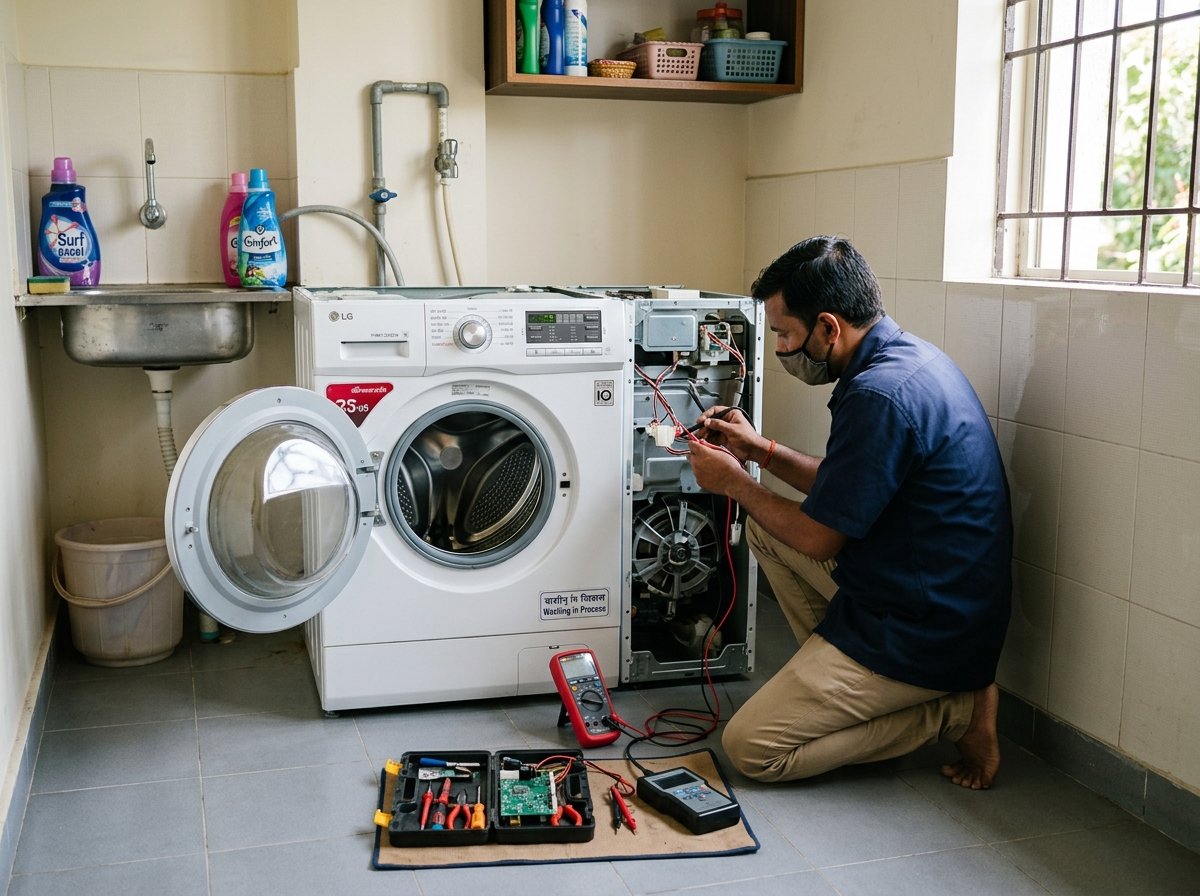 Front-load washing machine being inspected with electrical testing tools in a utility area